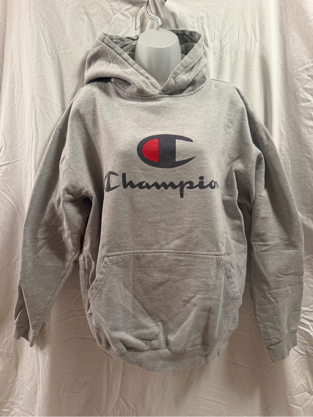 Champion Gray Hoodie with Red & Navy Logo
